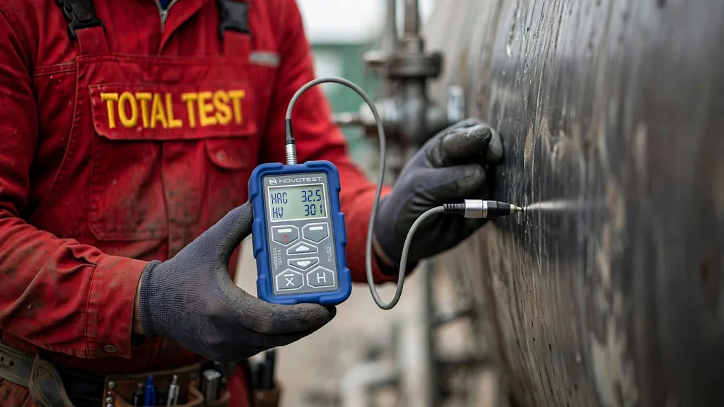 man inspecting tube with hardness testing device